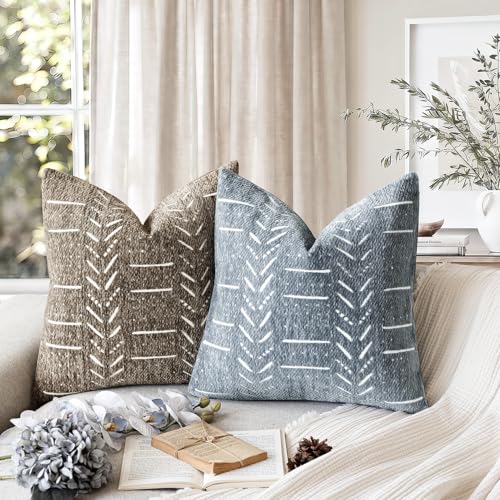 Image of Foindtower Set of 2 Decorative Chenille Jacquard Throw Pillow Covers Textured Farmhouse Vintage Cushion Covers Neutral Boho Accent Home Decor for Sofa Chair Couch Bedroom Living Room,18x18 Inch,Blue