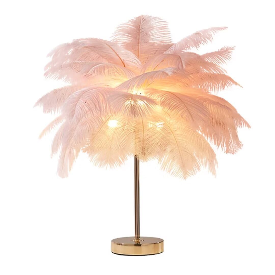 DUNMW Creative Pink Ostrich Feather Table Lamp Bedside Lamp Light Luxury and Elegant Lampshade Night Light Table Lighting for Living Room Bedroom Home Decoration, Rechargeable