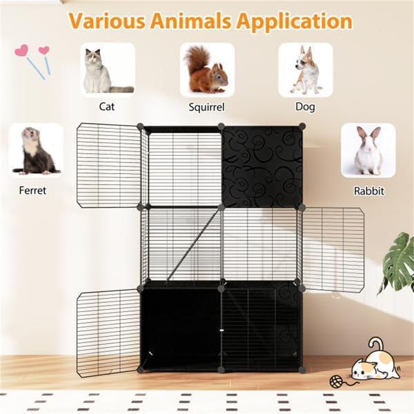 DIY Cat Cage, 3-Tier Large Indoor Pet Playpen, Metal Wire Kennel Crate with 3 Doors, 2 Ladders & Hammer, Detachable Enclosure for Cats, Ferrets, Guinea Pigs, Rabbits (29 x 18.5 x 43 Inches, Black)