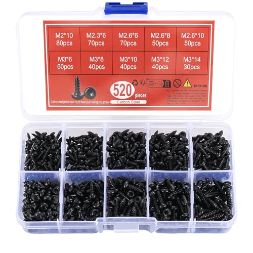 Viti Autofilettanti 520 Pezzi M2/M2.3/M2.6/M3, Viti Torx Testa Tonda in Acciaio Al Carbonio Nero per Legno Plastica Metallo.