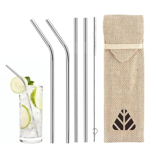 Image of Rusabl Stainless Steel Straws with Cleaning Brush & Pouch Pack of 4, Silver | For Kids & Adults, Reusable Travel Metal Steel Straws for Drinking Juice