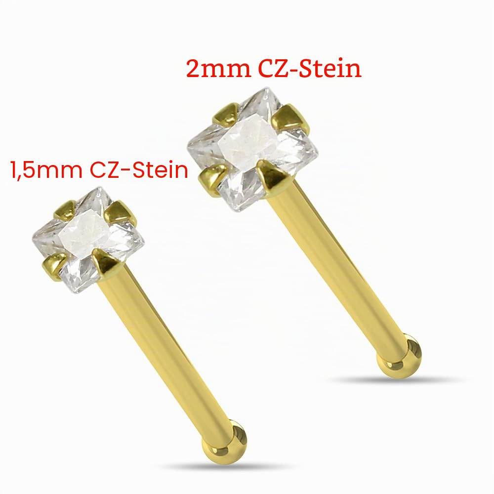 Monster Piercing - 14K Gold Echtgold | Goldenes Nasenpiercing Nasenstecker Stud | Kristallstein | Stabstärke: 22G (0,6 mm) | Stablänge: 6mm | Steingröße: 1,5mm oder 2mm | Hypoallergen
