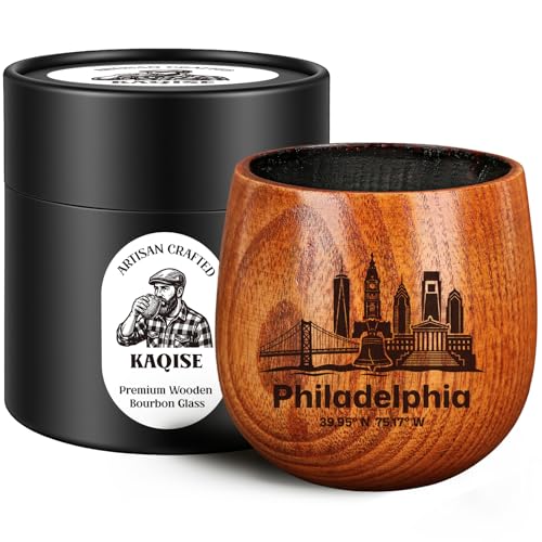 KAQISE 3.5In Charred Wooden Whiskey Glass — Philadelphia City Engraved Whiskey Tumbler, Wood Bourbon Glass for Men, Whiskey Whiskey Grail, Gift for Him Dad Husband,Bar Accessory
