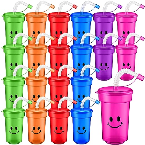 Mumufy Kids 12 oz Neon Cups Bulk Laugh Face Neon Colorful Plastic Cups Reusable Summer Birthday Supplies Kids End of the Year Present for Students(24 Pcs) by Mumufy - Used condition - US$22.56