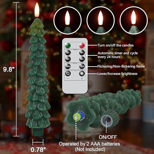 Image of Christmas Tree Candles with Remote Timer, 4 Pcs Waxy Flameless Taper Candles Flickering, Battery Operated LED Candlesticks with 3D Flame Wick, Green Window Candle for Christmas Decorations