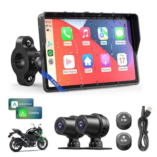 Image of WonVon Motorcycle CarPlay Screen with Android Auto - 5 inch Waterproof GPS, Pantalla para Moto, Apple CarPlay, Navigation System for Motorcycle, Dual 2K Dash Cam Bluetooth Audio & TPMS (No SD Card)