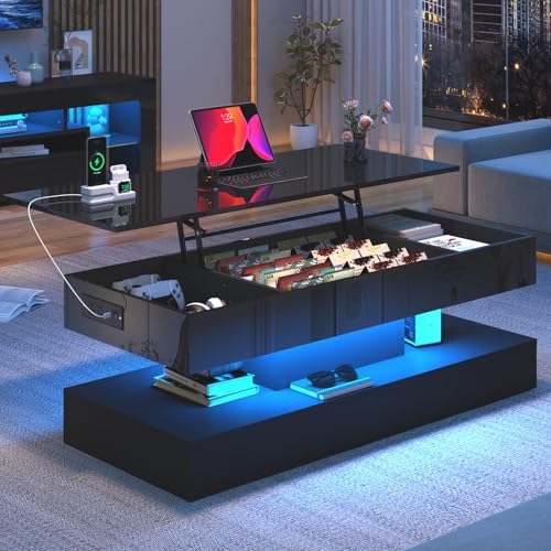 47.2″ Large Lift Top Coffee Table,Modern High Glossy LED Coffee Tables for Living Room with Storage,Black Living Room Tables for Living Room,Dining Room,Bedroom Home Office,APP LED Lights(Black)