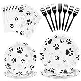 Kochorie 72 Pieces Black Dog Paw Print Party Supplies 32 Paper Plates 24 Napkins 16 Forks Disposable Tableware Dog Paw Print Birthday Party Decorations for Pets Birthday Baby Shower