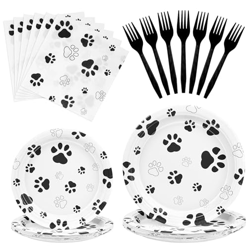 Kochorie 72 Pieces Black Dog Paw Print Party Supplies 32 Paper Plates 24 Napkins 16 Forks Disposable Tableware Dog Paw Print Birthday Party Decorations for Pets Birthday Baby Shower