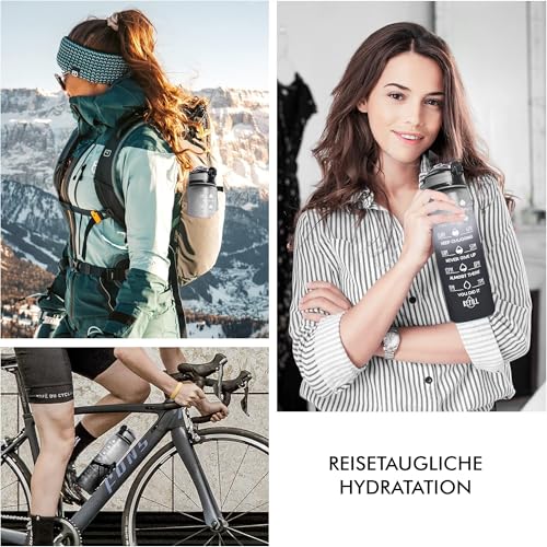 2 Stück Trinkflasche 1L, BPA-Frei Tritan Wasserflasche mit Strohhalm, Sport water bottle mit Zeitmarkierung für Fitness, Schule, Yoga, Outdoor (2 Stück Weiß-Schwarz, Lila Hellorange) – Bild 4