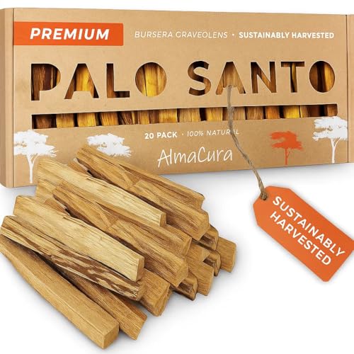 Almacura Palo Santo Premium Sticks (20), Smudging Incense High Resine, Pure Palo Santo Wood Certified from Peru. Ethically Sustainably Harvested. Protection, Meditation, Spiritual Cleansing