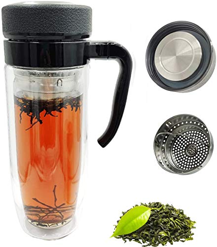 NISVDID Glass Tea Mug Coffee Mug with Removable Handle and Infuser Double Wall Glass Travel Mug Leakproof Tea Bottle with Strainer Carry Handle For Loose Leaf Tea 1454 OZ 430ML