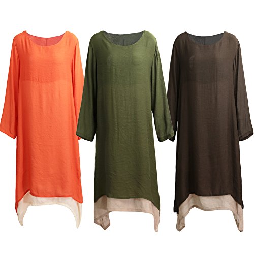 Domary Vestido feminino vintage contrastante dupla camada casual solto boho longo plus size vestido
