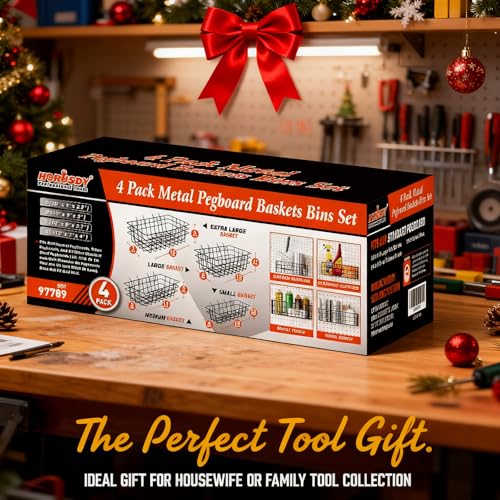 Peg Board Bins and Baskets | 4 Pack | Square Style 4 Size Pegboard Baskets and Pegboard Bins for Organize Workbenches, Accessories