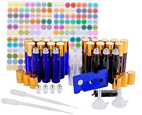 TMIE BEAUTY 10ml Essential Oil Roller Bottle (24 Pack), for Aromatherapy Oil Blends, Smooth Stainless Steel Roller Ball, Robust UV Protection Colored Glass, Leak Proof, with Rich Parts & Accessories