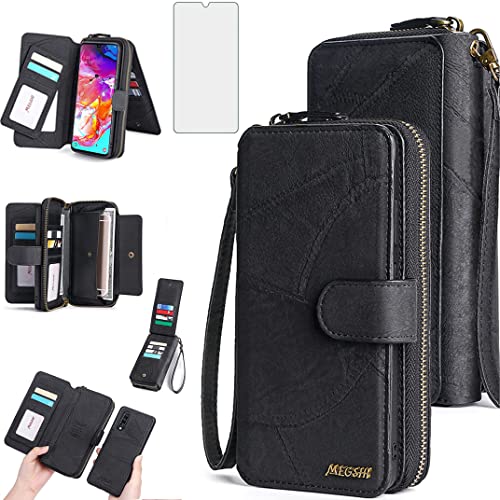 Asuwish Phone Case For Samsung Galaxy A70 Zipper Wallet Detachable Cover With Screen Protector And Leather Flip Mirror Card Holder Slot Cell Accessories Mobile A70S A 70 70A S70 4G Women Men Black #TOP23