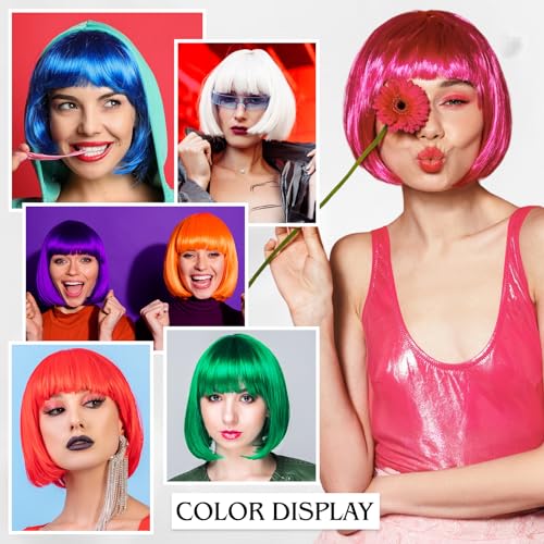 Image of MEEZY 2 Pcs Neon Bob Wigs with Bangs Black White for Women Colorful Fun Wig Short Bob Hair with Heart Sunglasses Hair Cap for Halloween Costume Cosplay Photography Birthday Bachelorette Party Carnival