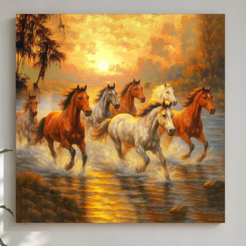 Image of PAINTINGMANTRA 7 Running Horses Vastu Stretched Canvas Painting For Living Room Seven Horses Vastu Wall Art Painting Symbol of Success Wall Art for Home & Office, 22x22 Inch