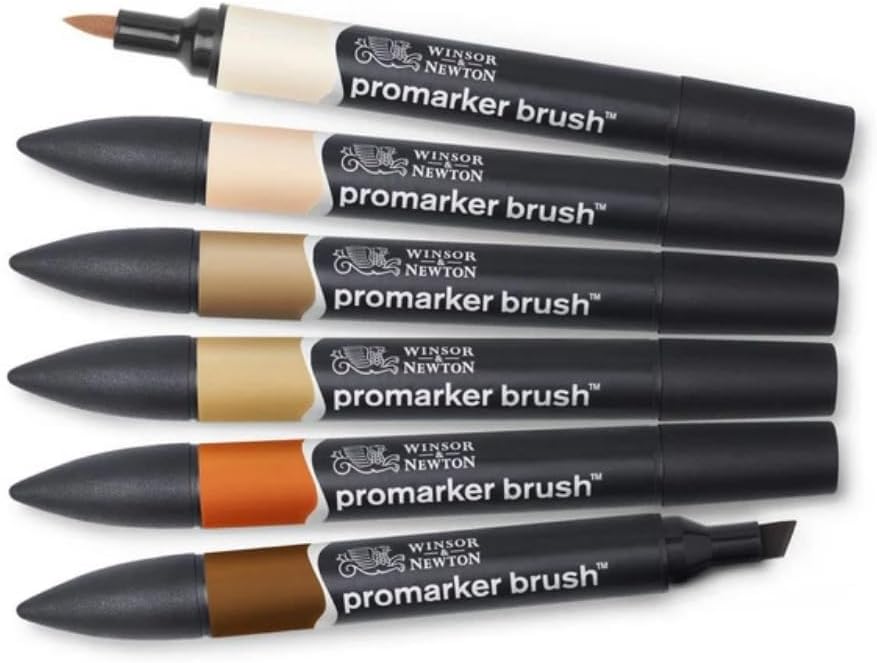 Winsor & Newton, Promarker Brush, Skin Tones, Set of 6, Alcohol Based Dual Tip Markers