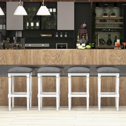 Conjunto de 4 butacos tapizados COSTWAY, ajustables en 3 alturas (31"/27"/19"), sin respaldo, cuadrados, con reposapiés, asientos acolchados, estructura de madera de caucho, para isla de cocina miniatura 2
