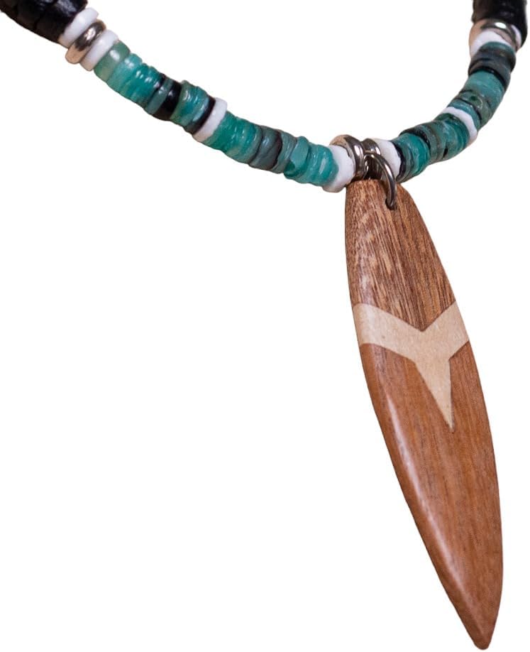 BlueRica Wood Surfboard on Black Coconut Beads & Green Heishi Shells Necklace - Image 4