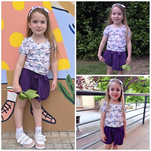 Image of Arshiner Toddler Girls 3 Piece Outfit Set Puff Sleeve Square Neck Top with Shorts and Matching Headband Summer Clothes 2T-8Y