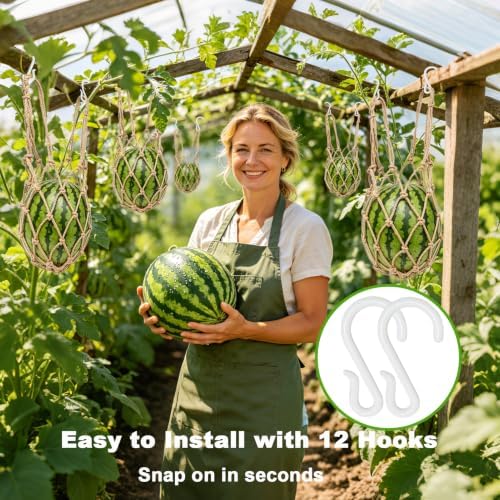 6 Packs Large Jute Melon Hammocks for Trellis with Hanging Hooks(52cm) - 5