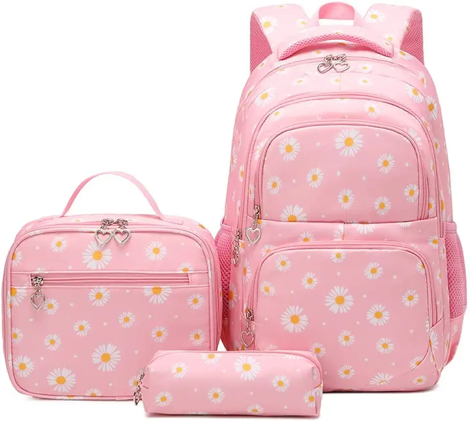 Conjunto de Mochila Escolar Feminina com Estampa de Margarida - 3 Peças com Bolsa de Almoço e Estojo de Lápis