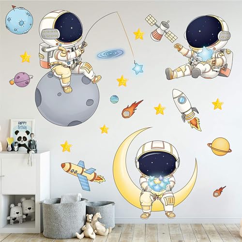 DREAM DECALS Astronaut Peel and Stick Wall Stickers for Boys Bedroom Cartoon Spaceman Outer Planet Creative DIY Art Vinyl Wall Decal Star Spaceship UFO Glaxy Wallpaper Decor 120 x 120 cm