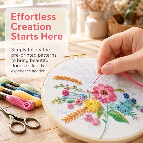 Image of Huacan Embroidery Kit for Beginners Flower Pattern Printed Fabric with Hoop & Full Tools