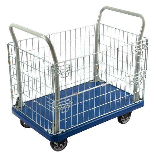 PH300PL Platform Truck with Fence, 660 lb Capacity, Steel Handle, PP Deck, 5 Inch Casters, Manual...