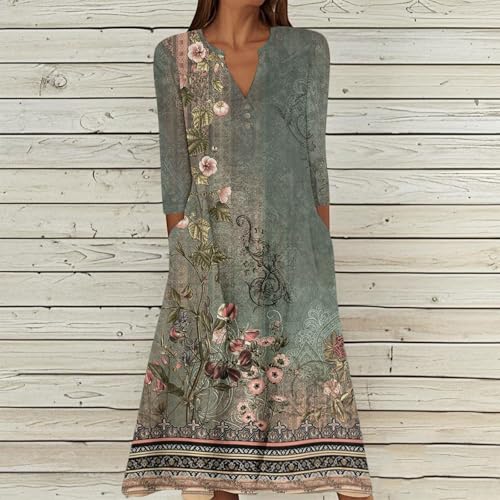 Women's Dresses 3/4 Sleeve V Neck Pleated Button Down Dress Casual Midi Vacation Dresses with Pockets2