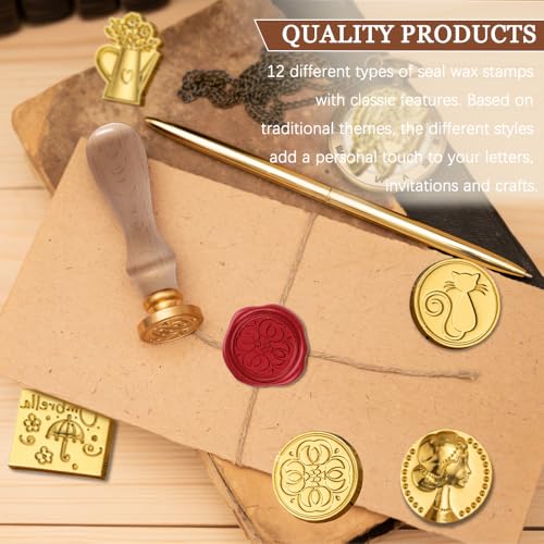 Rebanky 12 Stück Siegelwachs Stempel Siegelstempel Set Wachssiegel Stempel Blume Wachssiegel Stempelset mit 1 Holzgriff Siegelstempel Blume des Lebens Wachsstempel Köpfe für Kartenherstellung