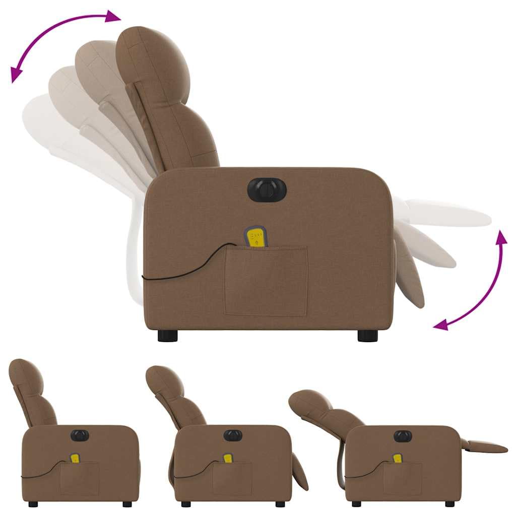 Massagesessel elektrisch braun Stoff mit 6-Punkt-Vibrationsmassage, Verstellbarer Rückenlehne und Fußstütze, ergonomischer Relaxstuhl mit Holz Metall Gestell