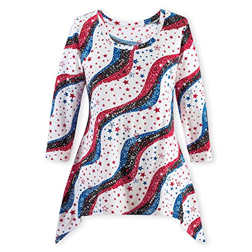 Collections Etc Stars and Stripes 3/4 Sleeve Sequin Sharkbite Top - 4th of July, Patriotic Clothing