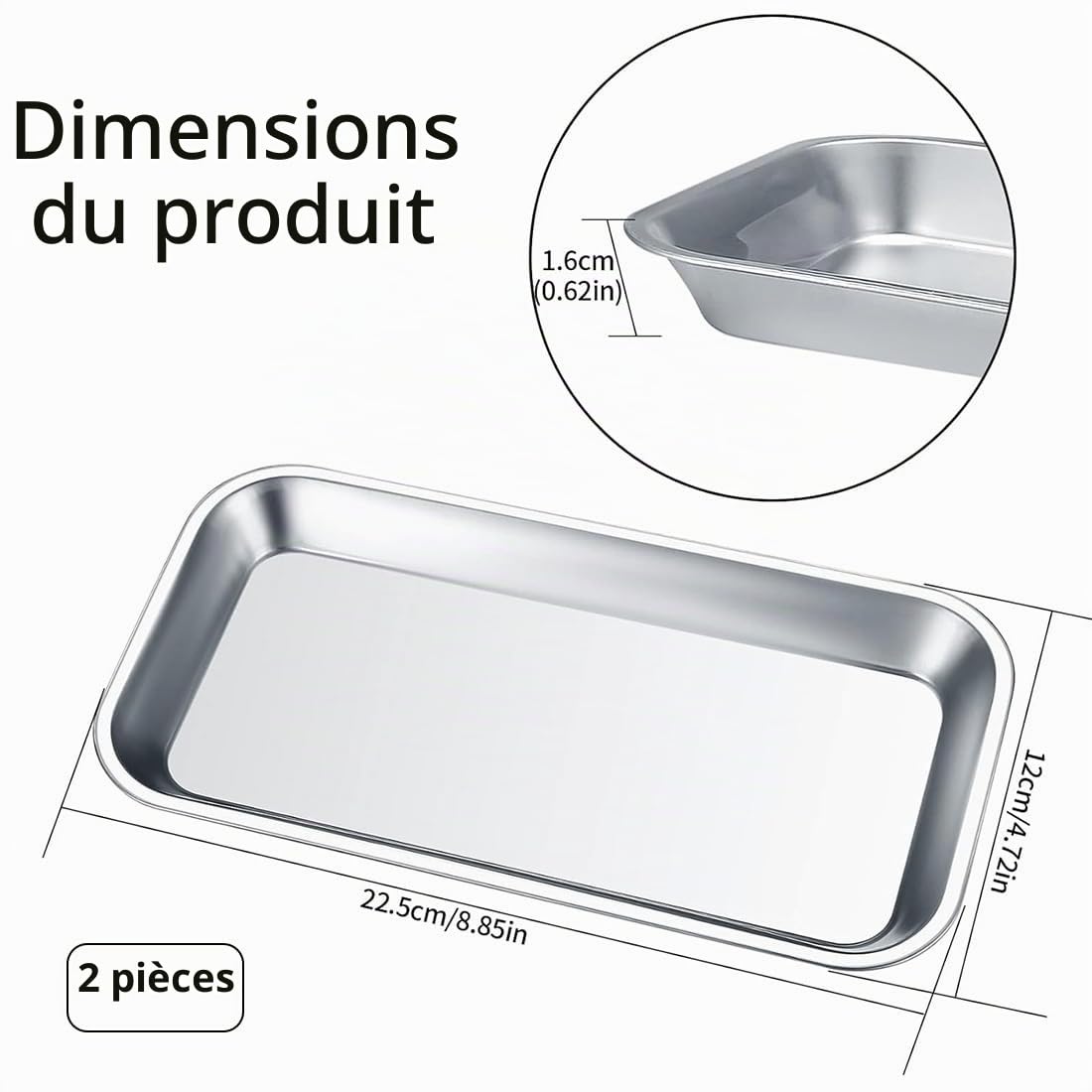 2 pièces Plateau INOX Plateau à Instruments en, Plateaux Rectangulaires, Plateaux en Acier Inoxydable, Plateau de Laboratoire pour Assiettes de Service de Laboratoire - 22,5 x 11,7 x 2 cm