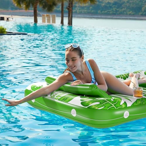 Image of Inflatable Tanning Pool Lounger Float - Jasonwell 4 in 1 Sun Tan Tub Sunbathing Pool Lounge Raft Floatie Toys Water Filled Tanning Bed Mat Pad for Adult Blow Up Kiddie Pools Kids Ball Pit (Green,L)