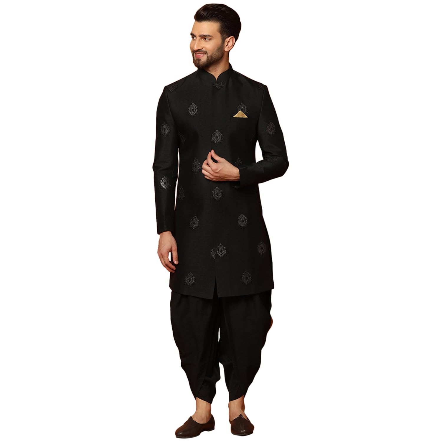 Kisah Men's Sherwani Dhoti Set, Silk Blend Full Sleaves, Knee Length, Straight, Regular Fit, Mandarin Collar Ethnic Wear, 40 Black