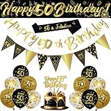 50th Birthday Decorations Set, 18Pcs Black Gold Balloons Kit with Sash, Banners, Triangle Flags, Cake Topper, Black Gold and Sequin Balloons for Men Women 50th Birthday Party Decorations Supplies - Image 1