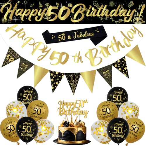 50th Birthday Decorations Set, 18Pcs Black Gold Balloons Kit with Sash, Banners, Triangle Flags, Cake Topper, Black Gold and Sequin Balloons for Men Women 50th Birthday Party Decorations Supplies