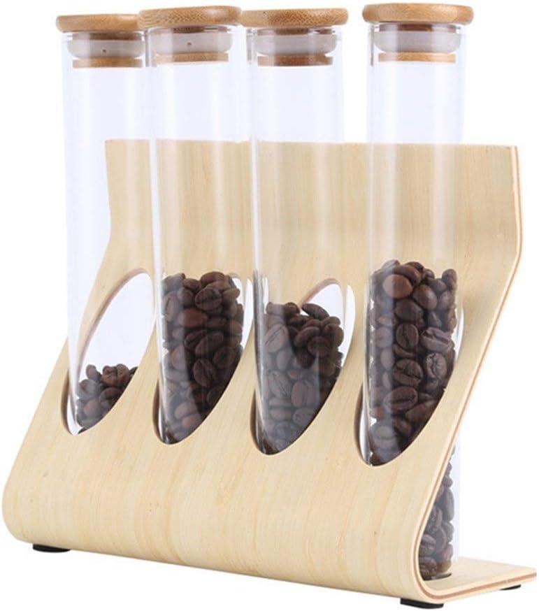 PYouo-Big Test Tubes, Rack Stand Glass Test Tube, Wooden Coffee Beans Tea Display, Sealed Storage Decorative Ornaments Cereals Canister (Color : Wood Color)