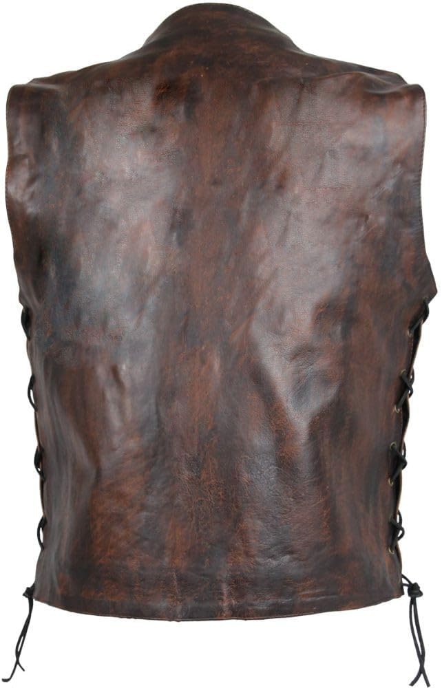 High Mileage Mens Distressed Premium Cowhide Ten Pocket Leather Motorcycle Vest with Dual Conceal Carry Pockets