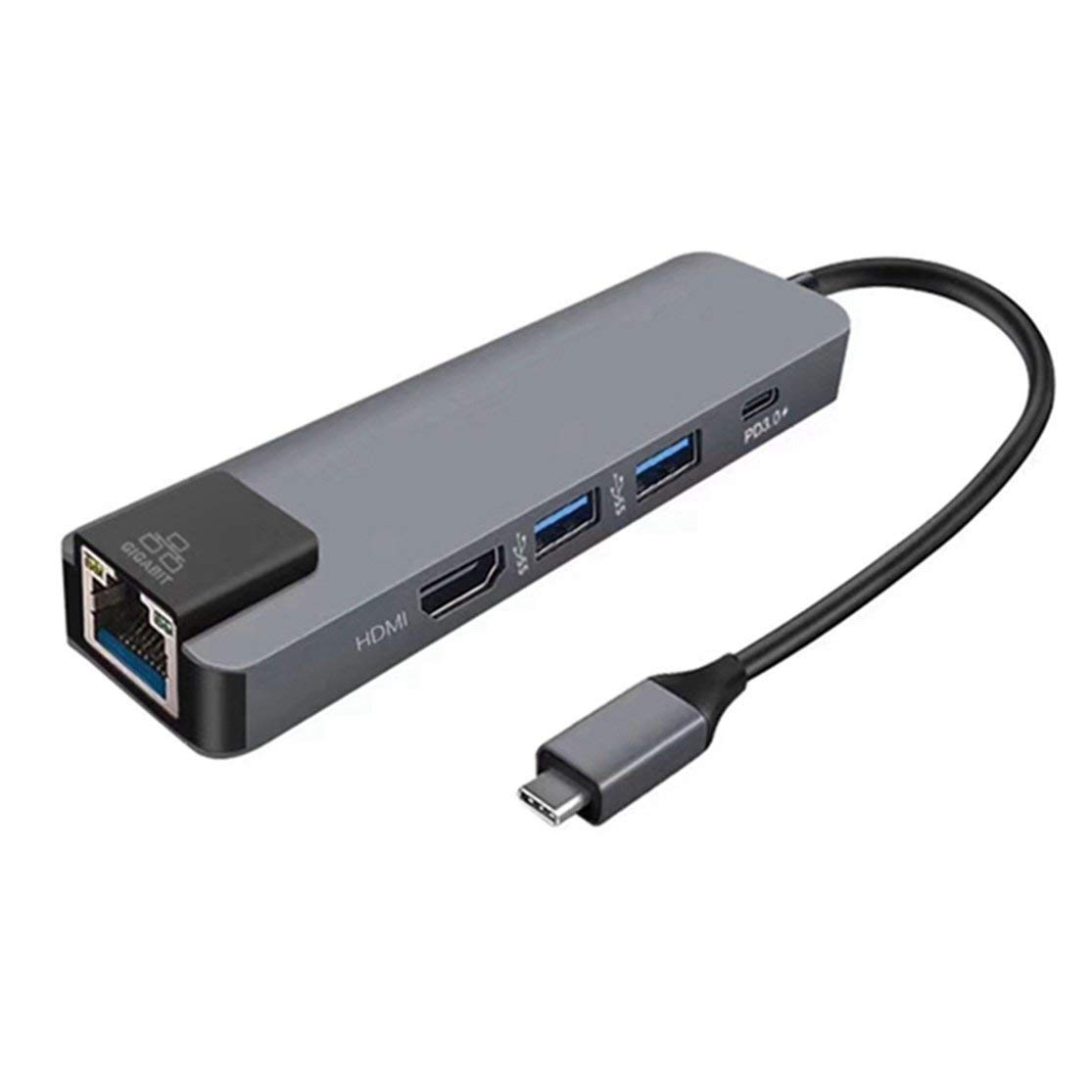5 w 1 wielofunkcyjny hub USB typu C Hdmi 4K USB C hub do Gigabit Ethernet Rj45 Lan adapter 3 ładowarka USB-C; szary Candybarbar