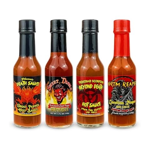 Anthony Spices - Hot Sauce 4-Pack. Includes Carolina Grim Reaper Hot Sauce, Phoenix Death Sauce, Sweet Diablo Sauce and Trinidad Scorpion Beyond Death Sauce. Cover
