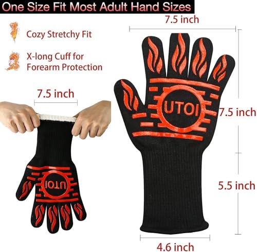 UTOI Grillhandschuhe hitzebeständig bis 800°C – Extra Lange Ofenhandschuhe für Grill, Küche, Lagerfeuer & Backofen, EN407-zertifiziert, Größe XL, 33cm, Rot/Schwarz