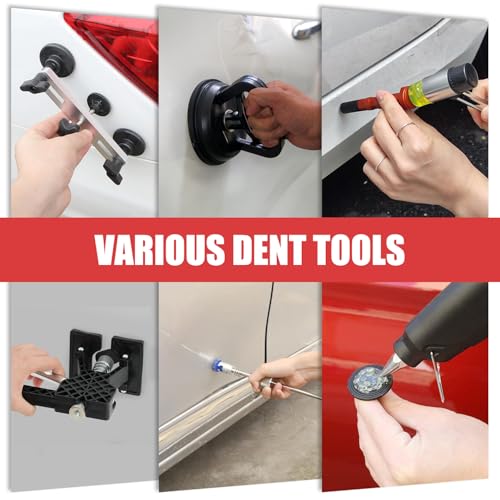 Image of HUGBEO 128 PCS Dent Removal Kit,Paint-Safe Dent Removal Tools, DIY Dent Puller Set with Black Lifter, T-Bar, Bridge Suction Cup Puller, Rubber Hammer & Glue Gun for Car Dent Removal