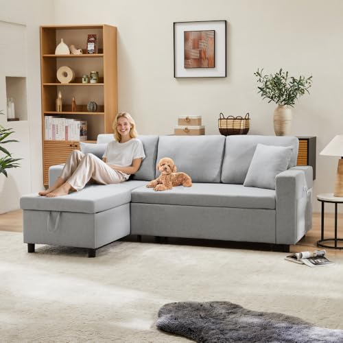 Wyibwy Sofá esquinero en forma de L con función extensible, sofá cama de 3 plazas con almacenamiento y bolsillo lateral, chaise longue derecha e izquierda intercambiable, sofá convertible, lino (gris)