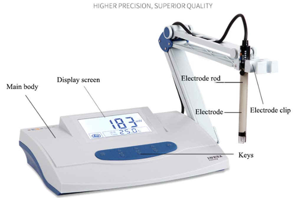 Medidor de pH con compensación de temperatura, comprobador de mesa LCD para medición precisa del pH, identificación automática de solución de pH, ideal para uso en laboratorio