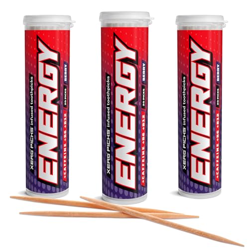 Image of Xero Picks Energy Caffeine Flavored Toothpicks B12 for Focus & B6, 60 Picks (Pack of 3) (Berry) Sugar-Free Alternative to Energy Mints & Gum - Kosher