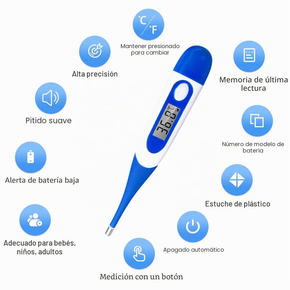 Berrcom Termómetro Digital Flexible para Adultos y Niños, Termómetro Bucal y Antebraquial Termómetro Médico Impermeable con Alarma de Fiebre